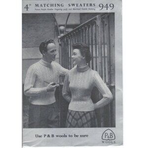 1940s Knitted Pattern Matching Men and Women Sweater UK Vintage P&B #949